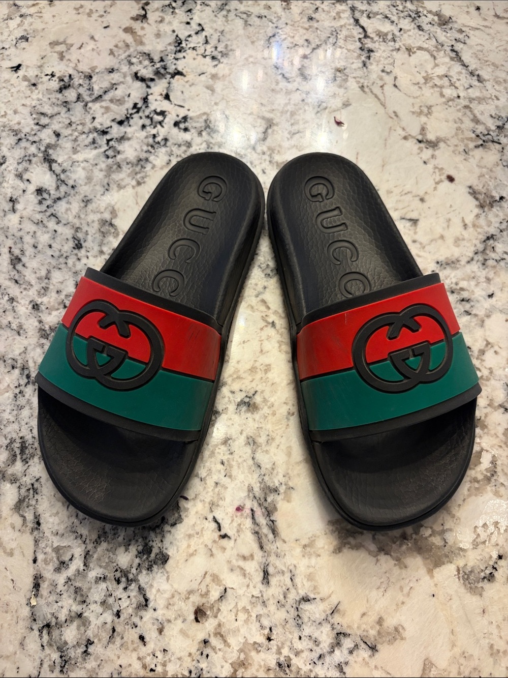 Gucci Kids Black Slides with Red and Green Stripe and Interlocking G